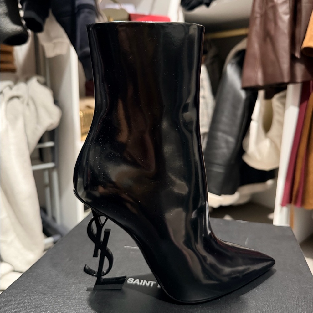 Saint Laurent Opyum Black Patent Leather Logo-Heel Ankle Boot